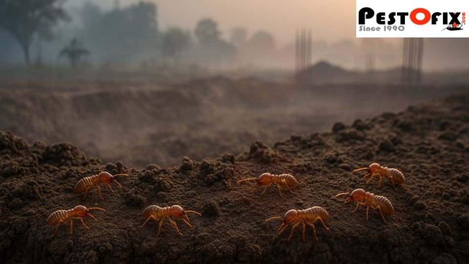Winter soil surface in Delhi NCR showing stable, low-humidity ground where termites remain active below foundation level