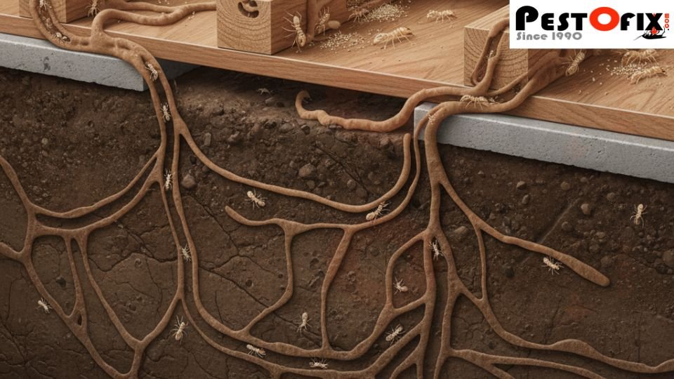 Cutaway view showing subterranean and drywood termites in home flooring during winter