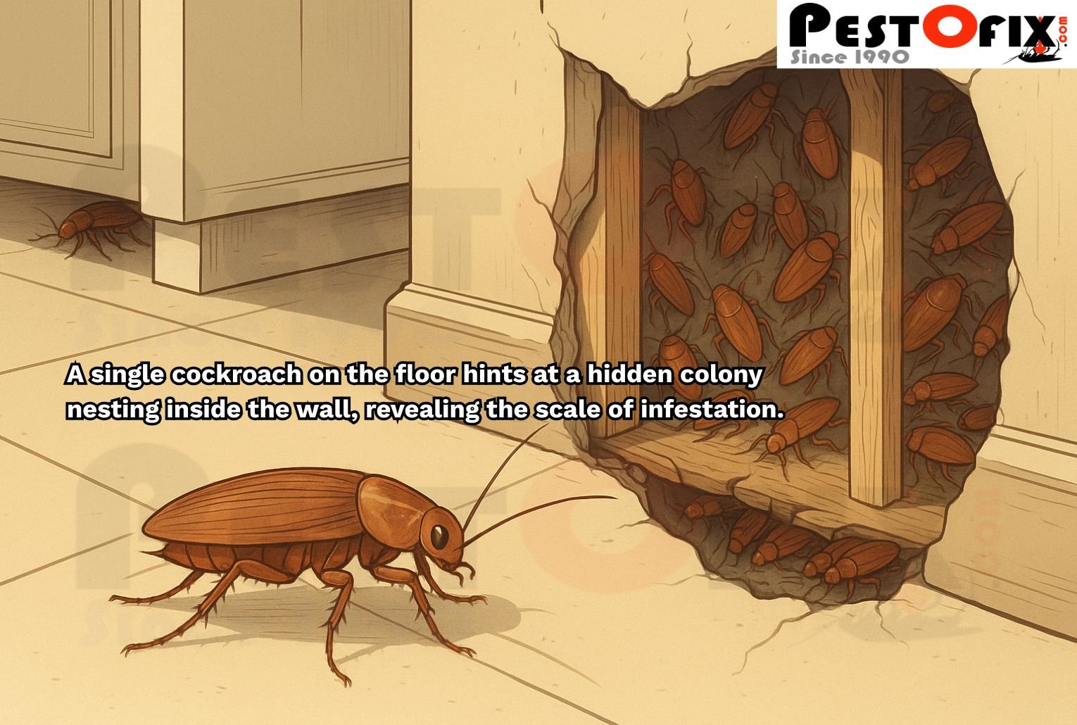 A single cockroach on the floor with a hidden colony exposed inside the wall.