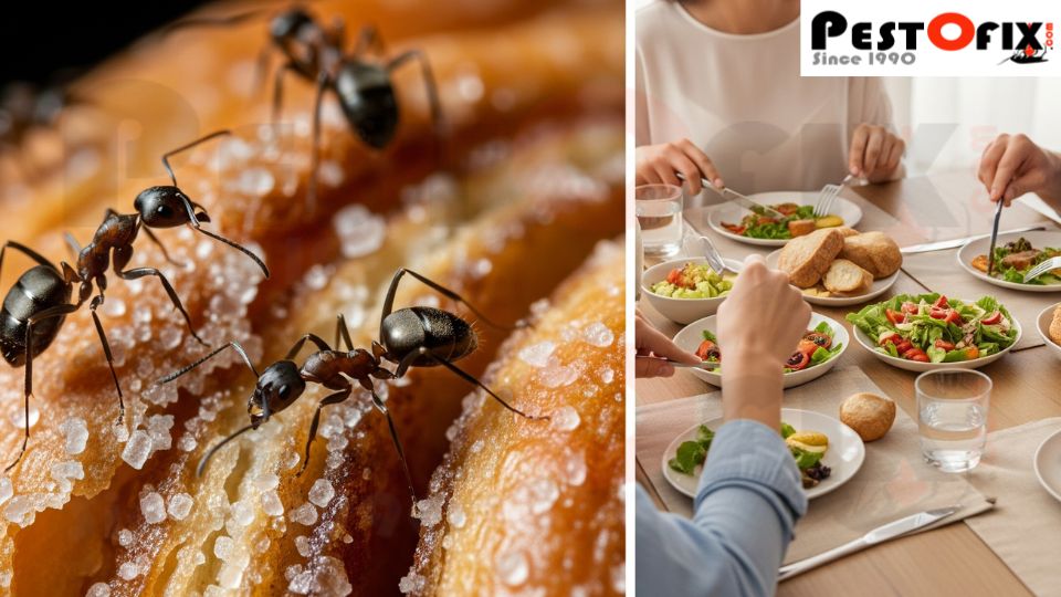 Ants contaminating food on one side and a family eating the same food on the other – ant pest control awareness