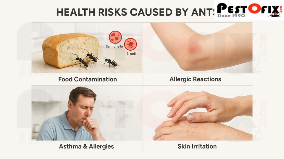 Close-up of ants crawling on fresh bread in the kitchen; later, the same bread is eaten by a family at home