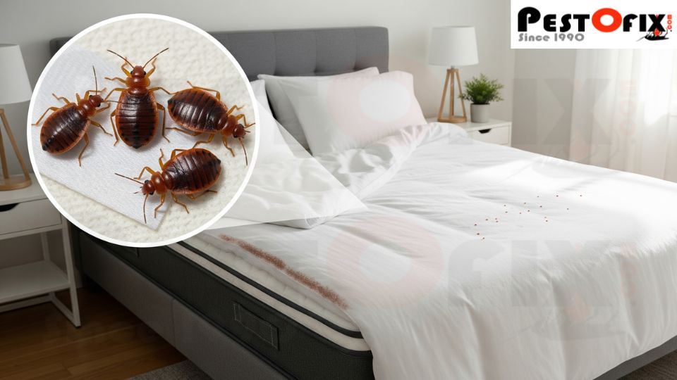 Realistic illustration showing bed bugs near a mattress seam, tiny blood spots on sheets, and dark specks – bed bug pest control awareness