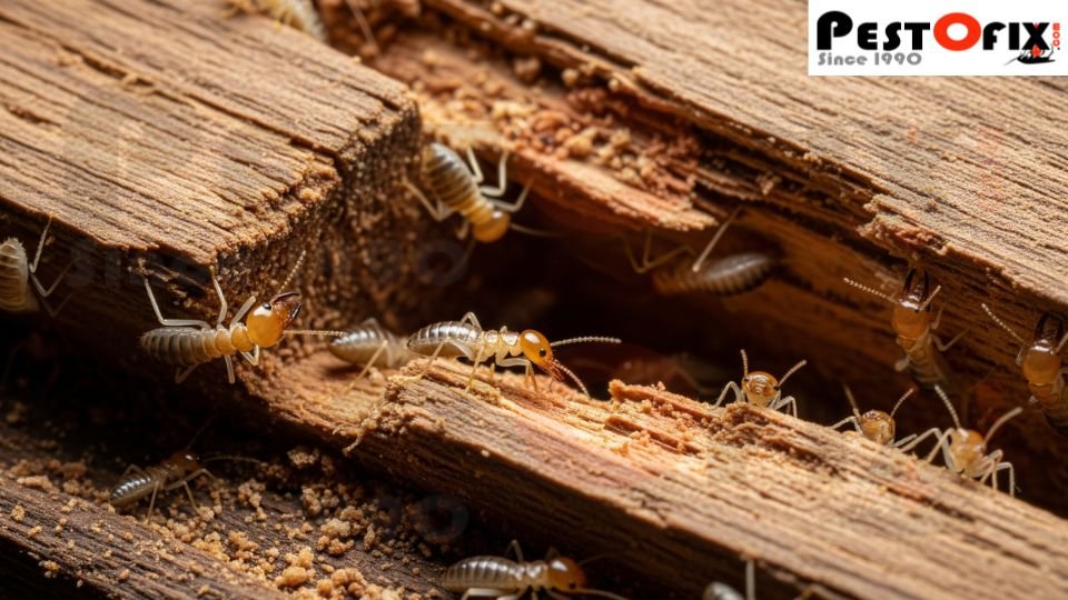 Close-up of termites crawling and damaging wooden beams, showing hollow tunnels and frass