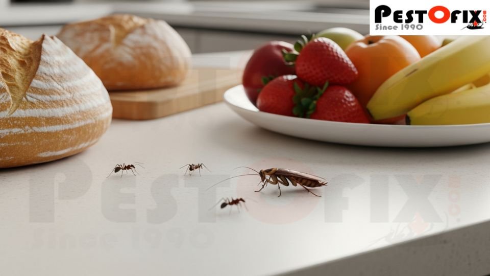 Close-up of uncovered bread and fruits on a kitchen counter with ants and a cockroach nearby, showing food contamination risk