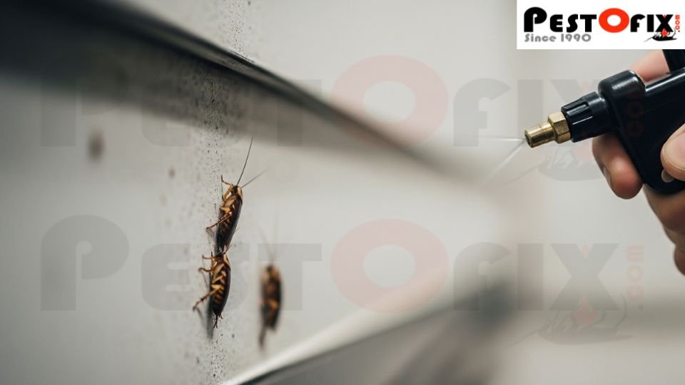 Close-up of pest control spray targeting hidden cockroaches in a factory environment
