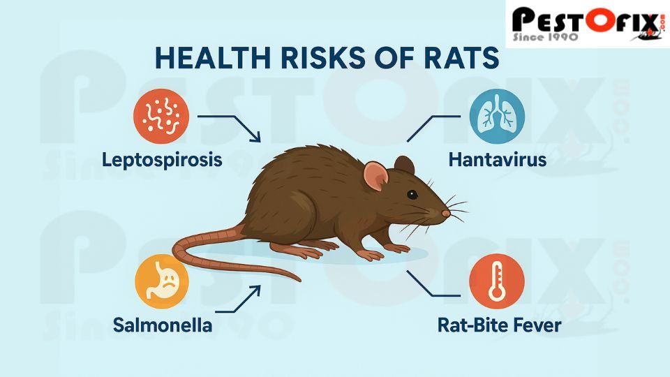 Infographic showing health risks from rats: Leptospirosis, Salmonella, Hantavirus, and Rat-Bite Fever