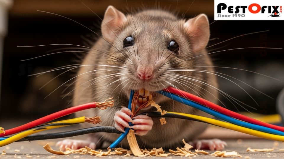 Brown rat chewing exposed electrical wires under a wooden kitchen cabinet in a residential home, creating fire hazard