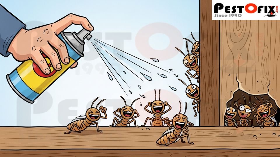 Illustration of a hand spraying termite spray on surface termites that appear unaffected, laughing and smirking, while hidden termites remain behind the wall