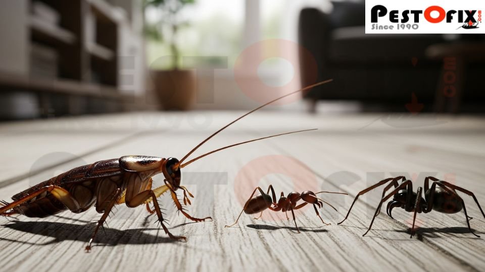 Macro shot of cockroach, ant, and spider with a blurred background representing pest invasion in homes and businesses