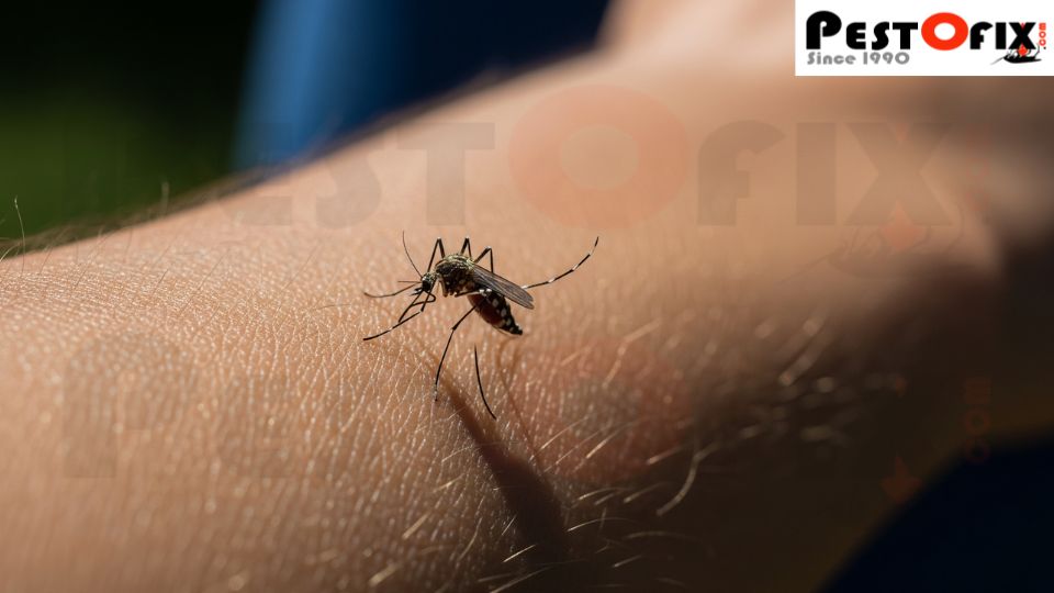 Mosquito biting a person in home or garden – mosquito pest control awareness