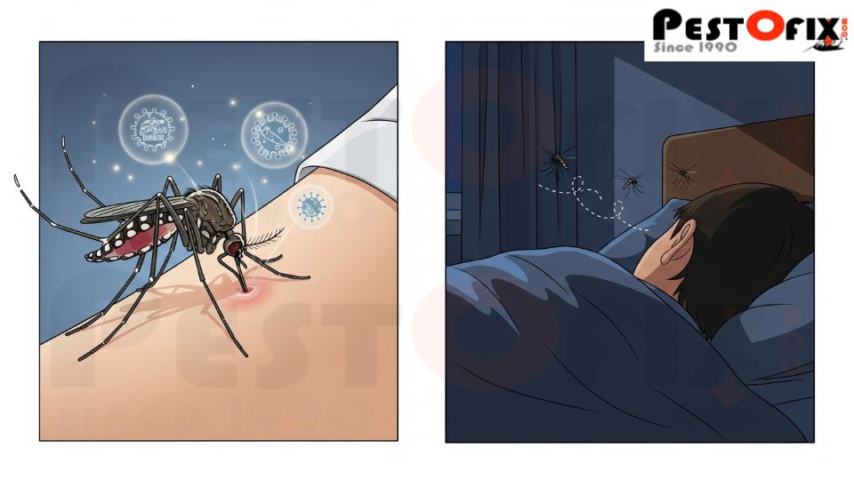 Four-panel view showing visible mosquitoes indoors, stagnant water in flower pots, mosquito larvae in fountains, and mosquitoes buzzing around while family sleeps