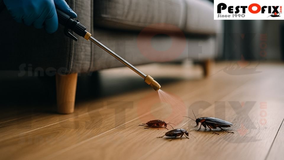 Close-up of a pest control technician’s hand spraying 2-3 cockroaches emerging from hidden corners in a modern living room