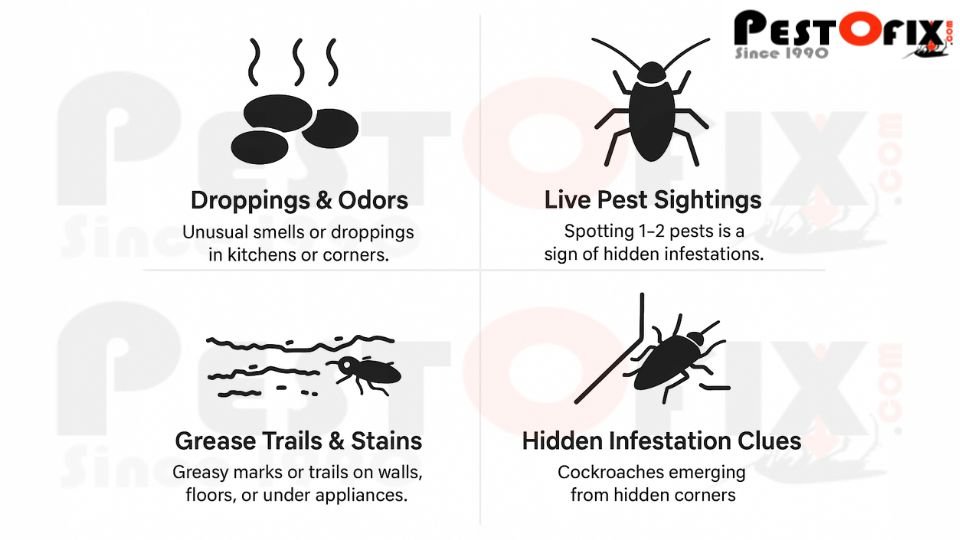 Infographic showing four warning signs of pest infestations: droppings and odors, live pest sightings, grease trails and stains, hidden infestation clues