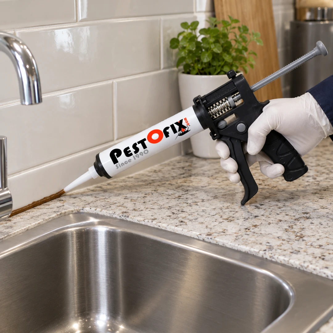 Cockroach gel bait being placed in a kitchen cabinet hinge