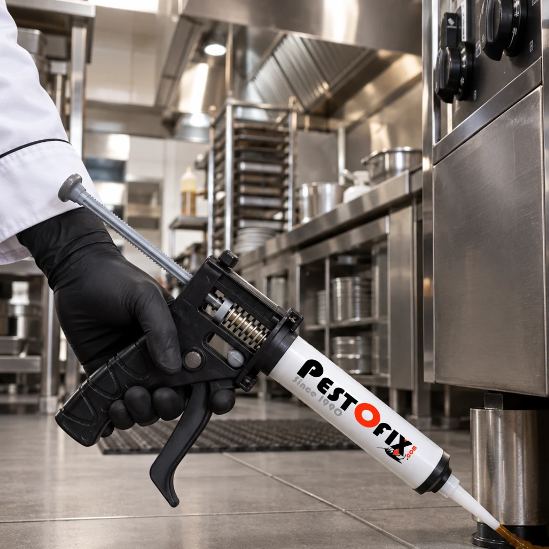 Pestofix technician treating a restaurant kitchen for cockroaches