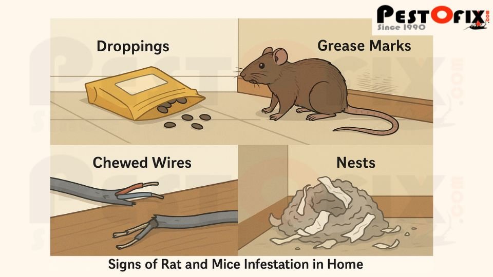 Signs of residential rat and mouse infestation such as droppings, chewed wires, scratching noises, and nests