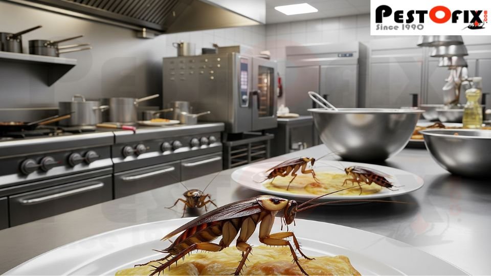 Close-up of cockroaches contaminating food on a restaurant kitchen counter