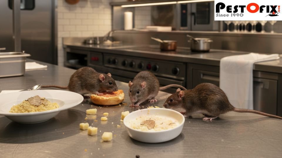 Multiple rats contaminating high-end restaurant kitchen food preparation areas - health code violation scene