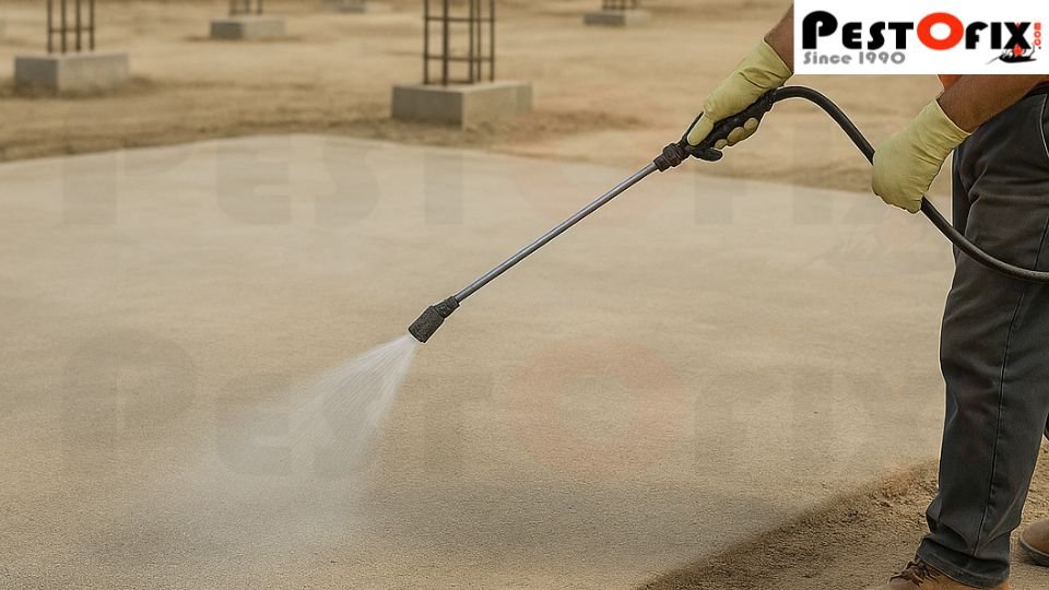 Construction worker spraying anti-termite chemical on compacted soil before slab casting at a building site with exposed steel rods