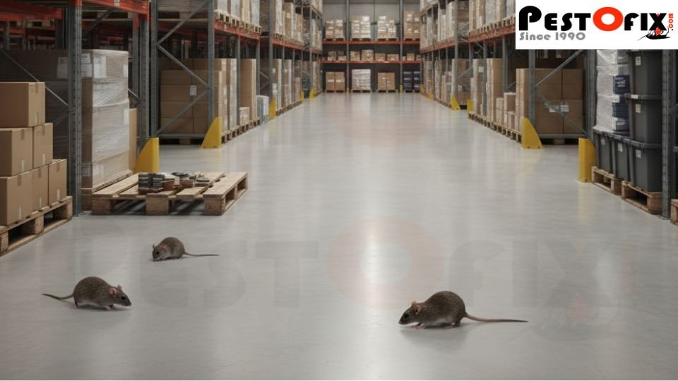 Rats roaming in clean modern warehouse - hidden rodent problem in organized industrial facility